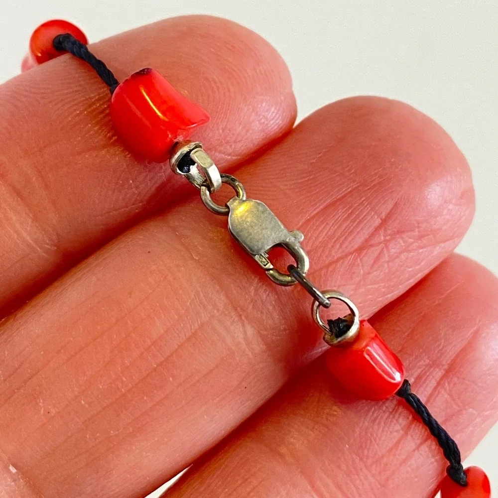 Vintage Red Coral Black Onyx Teardrop Pendant Necklace Sterling Silver 925 Clasp